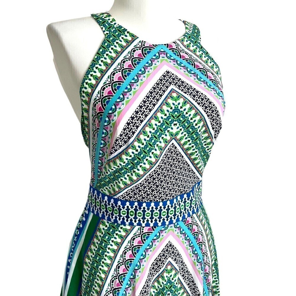 NWT Eliza J scarf Print Asymmetric Midi Dress size 8 Teal Vacation boho - Picture 4 of 15